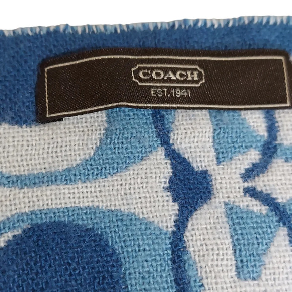 Coach Blues Monogram 100% Merino Wool Oversized‎ Scarf Muffler with fringe - Picture 5 of 15